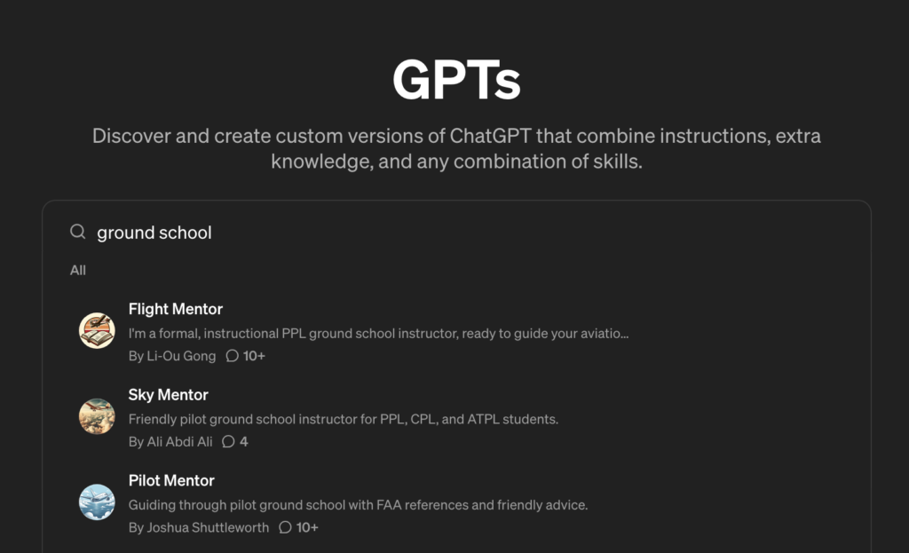 A screenshot of the GPT Store search results for "ground school" showing a number of custom GPTs intended to help prospective pilots with their training.